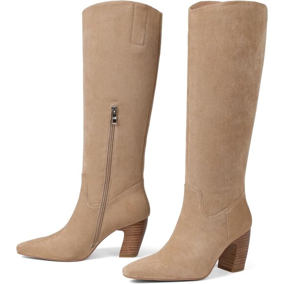 Women's Knee High Light brown Boot Square Toe Chunky Heel Wide Calf Zipper Boot - Picture 3 of 7